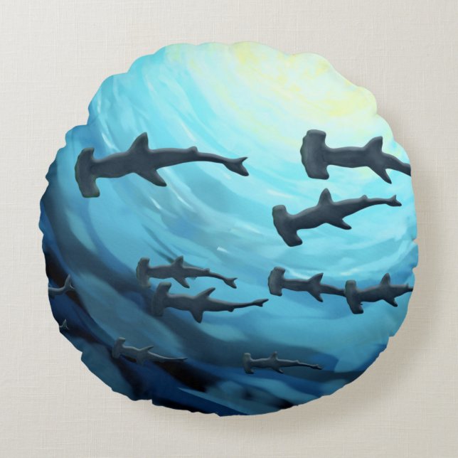 Haie in Silhouette mit Sun Ball Rundes Kissen (Vorderseite)