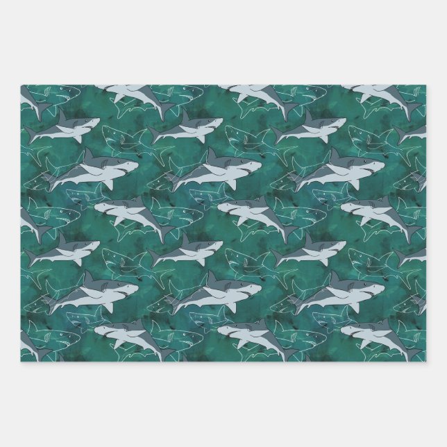 Haie, Meere, Meer, Fische, Raubfische, Tiere, Kief Geschenkpapier Set (Vorderseite)