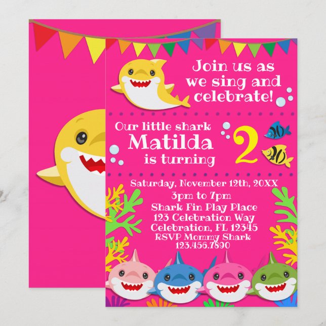 Haie Pink zum Geburtstag Einladung (Vorne/Hinten)