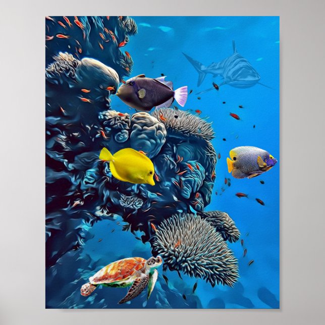 Haie, Schildkröten und Fische im Leben auf See Poster (Vorne)