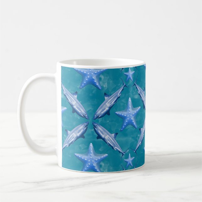 Haie Starfish Ocean Life Nautical Coastal Blue Kaffeetasse (Links)