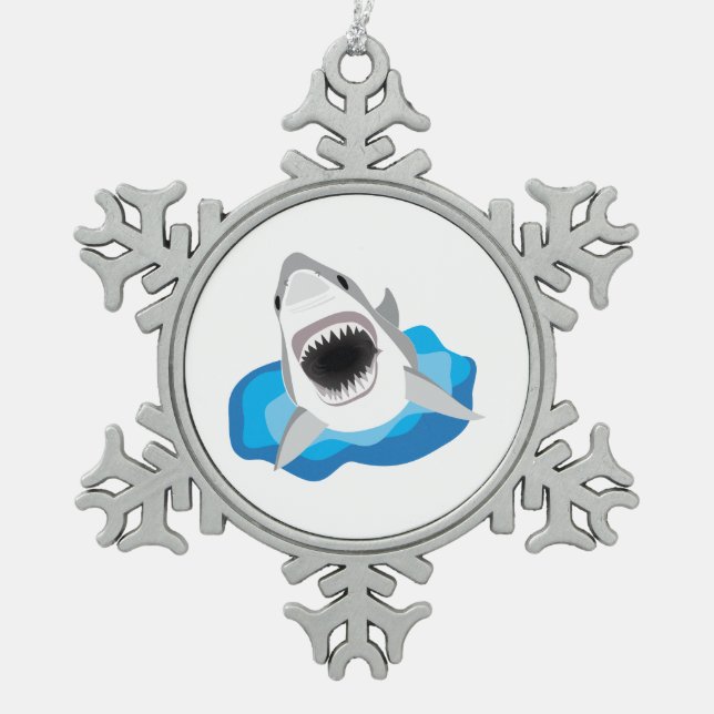 Haifisch-Angriff - Weißer Hai springt von den Schneeflocken Zinn-Ornament (Vorderseite)