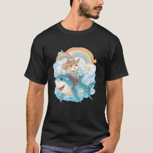 Haifisch-Fahr-Kätzchen-Liebhaber-Regenbogen-Tier-M T-Shirt