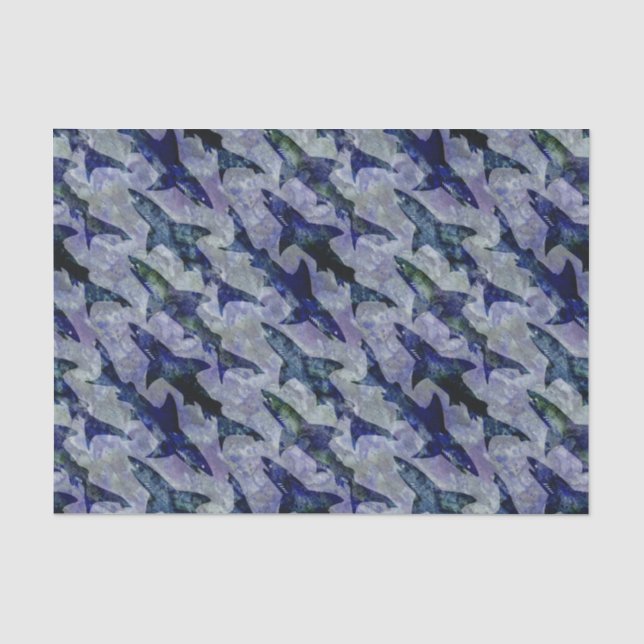 Haifisch-Muster in Lila und in Blauem Seidenpapier (Vorderseite)
