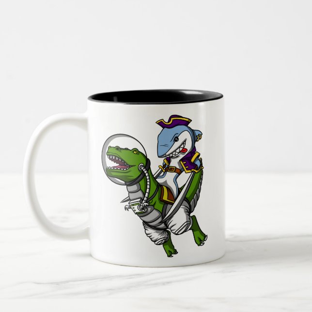 Haifisch-Piraten-Astronauten-Reitraum T-Rex Zweifarbige Tasse (Links)