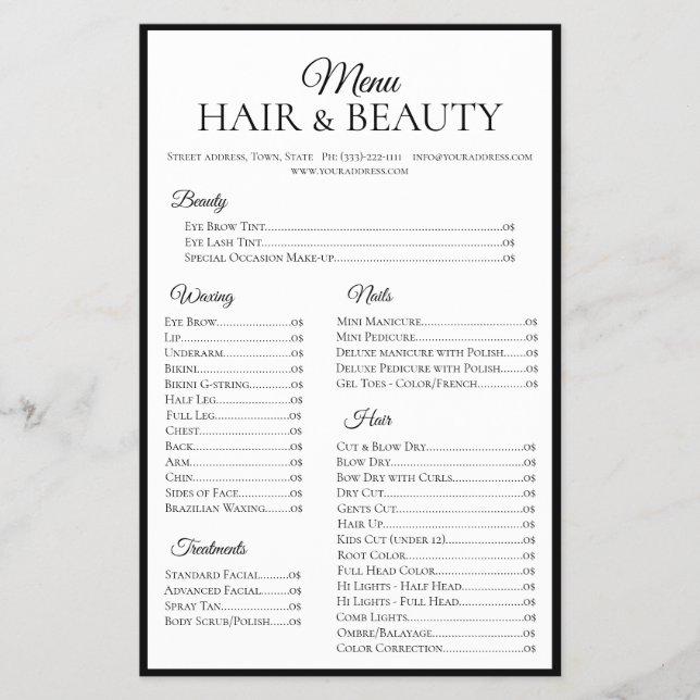 Hair Beauty Waxing Nails Schwarze Grenze Preislist Flyer (Vorne)