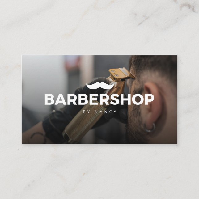 Hair Clipper Foto mit dem Logo "Mustache" Barbersh Visitenkarte (Vorderseite)
