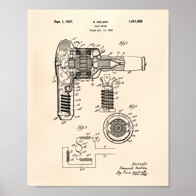 Hair Drier 1929 Patent Art Old Peper Poster (Vorne)