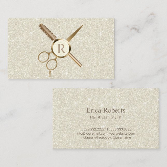 Hair & Lash Stylist Gold Monogram Elegant Elfenbei Visitenkarte (Vorne/Hinten)