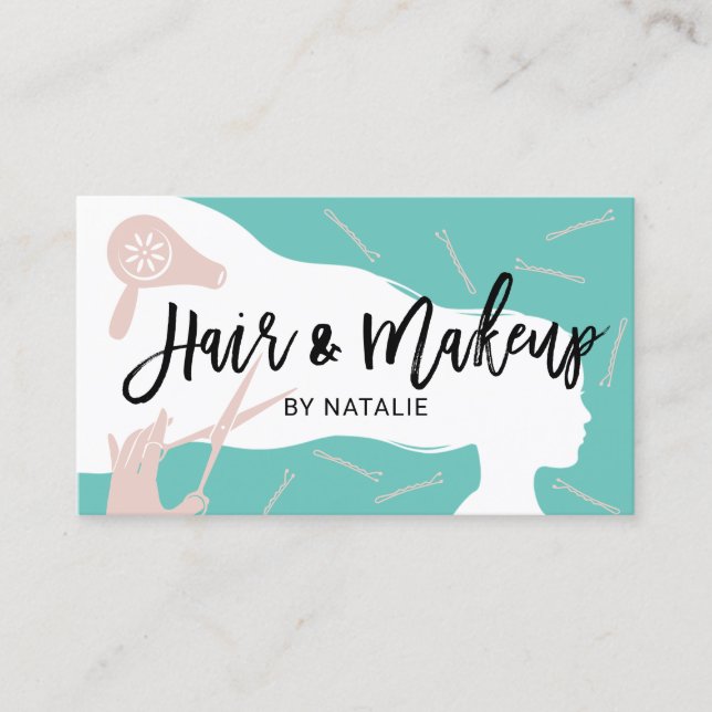 Hair & Makeup Beauty Salon Aquamarin & Pink Typogr Visitenkarte (Vorderseite)