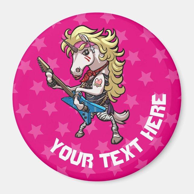 Hair Metal Glam Einhorn mit Star Guitar Cartoon Magnet (Vorne)