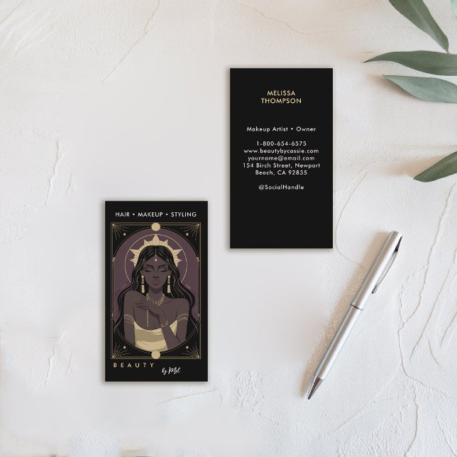 Hair Nails Makeup Salon Celestial Mystic Tarot Visitenkarte (tarot card business card celestial mystical gold black purple makeup hair lash psychic reiki healer)