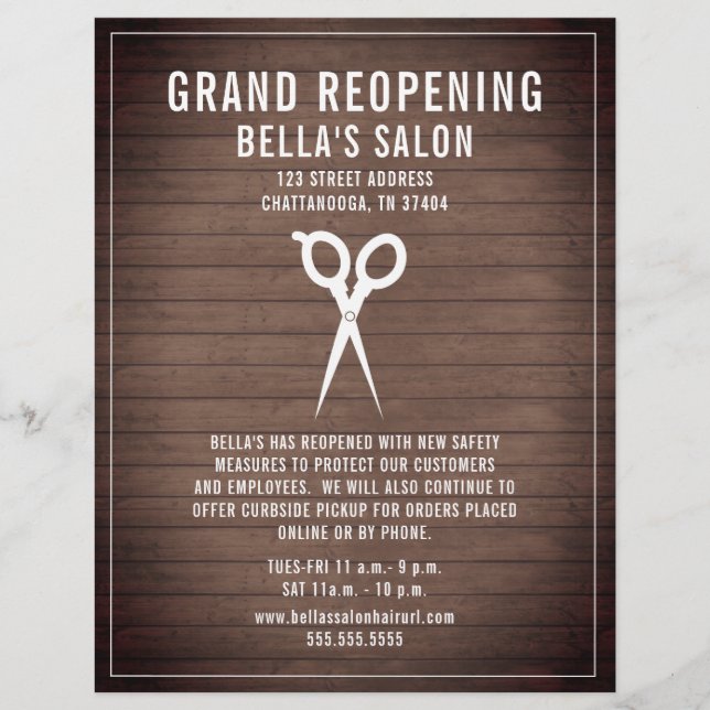 Hair Salon Barber Grand Reopening Rustic Wood Flyer (Vorne)