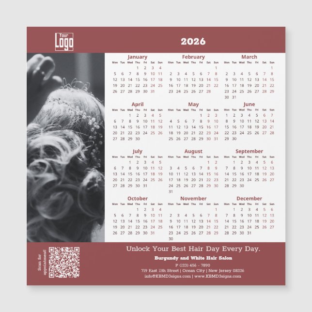 Hair Salon Burgundy White 2026 Calendar Magnet (Vorderseite)