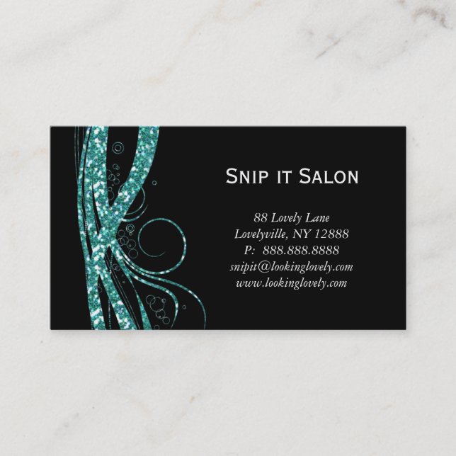 Hair Salon Business Card Silver Glitter Black Teal Terminkarte (Vorderseite)