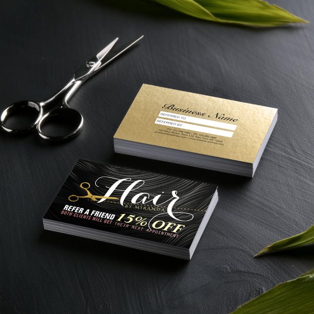 Hair Salon Hairstylist Gold Scissors Empfehlungska Empfehlungskarte (Von Creator hochgeladen)