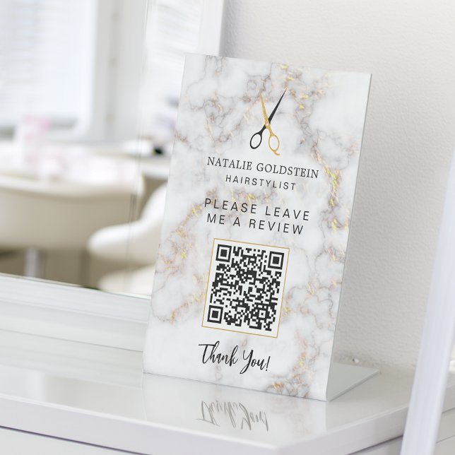 Hair Salon Marble Black Gold Scissor QR Review Sockelschild (Hair Salon Marble Black Gold Scissor QR Review Pedestal Sign)