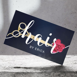 Hair Salon Scissor & Blume Typography Navy Blue Visitenkarte