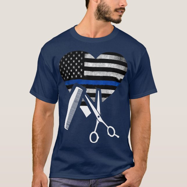 Hair Stylist American Flag Herz Thin Blue Line T-Shirt (Vorderseite)