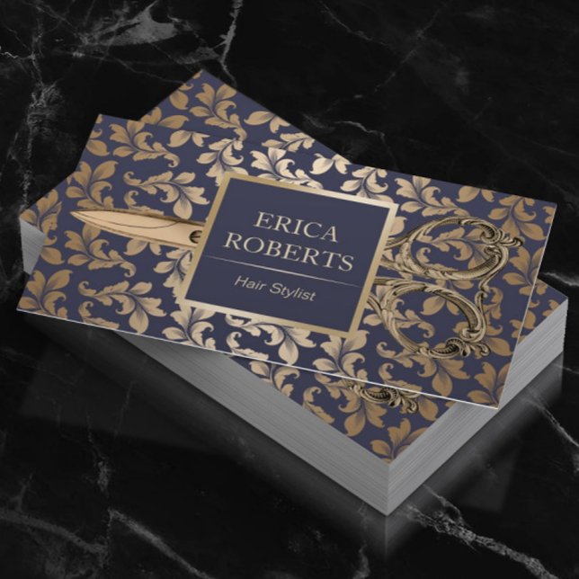 Hair Stylist Antique Gold Schere Luxus Damask Visitenkarte (Von Creator hochgeladen)