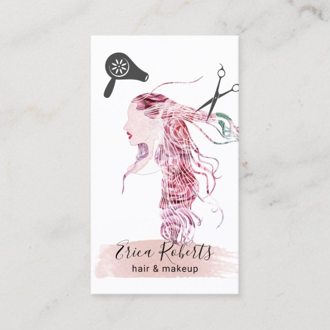 Hair Stylist Beauty Girl Watercolor Floral Hair Visitenkarte (Vorderseite)