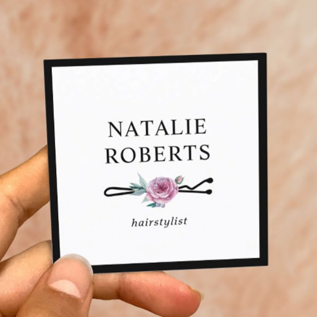 Hair Stylist Blumen Bobby Button Minimalistische R Quadratische Visitenkarte (Von Creator hochgeladen)