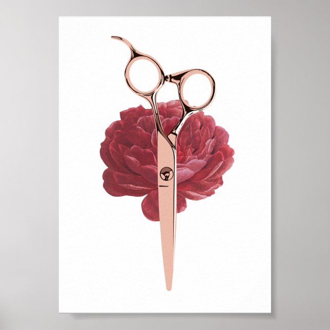 Hair Stylist Burgundy Blume & Rose Goldschere Poster (Vorne)