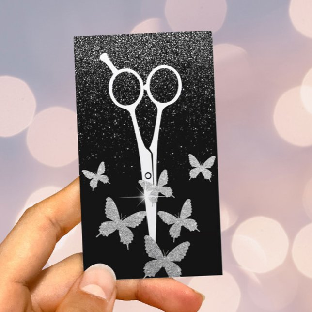 Hair Stylist Butterflies & Scissor Silver Confetti Visitenkarte (Von Creator hochgeladen)