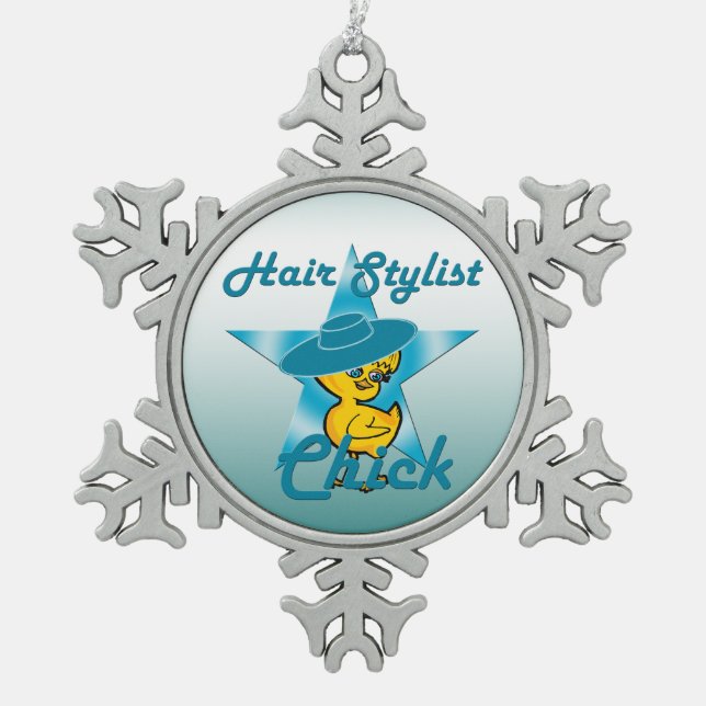 Hair Stylist Chick #7 Schneeflocken Zinn-Ornament (Vorderseite)
