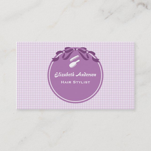 Hair Stylist Country Style Lila Gingham und Bow Visitenkarte (Vorderseite)