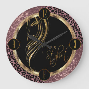 Hair Stylist Dusty Rose Glitter and Leopard Print Große Wanduhr