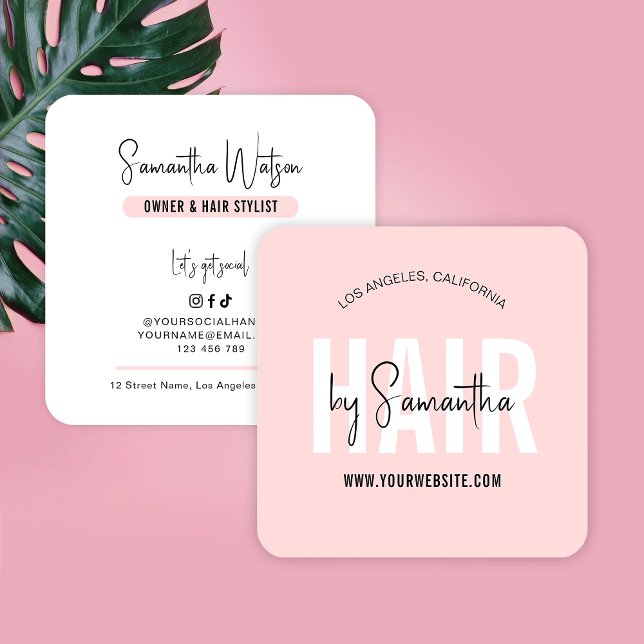 Hair Stylist Elegante Chic Feminine Blush Pink Log Quadratische Visitenkarte (Trendy blush pink hair business cards with trendy fonts, feminine colors and modern layout)