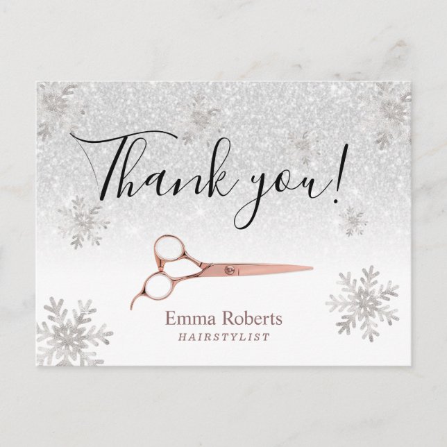 Hair Stylist Eleganter Winter Schneeflocken Danke Postkarte (Vorderseite)