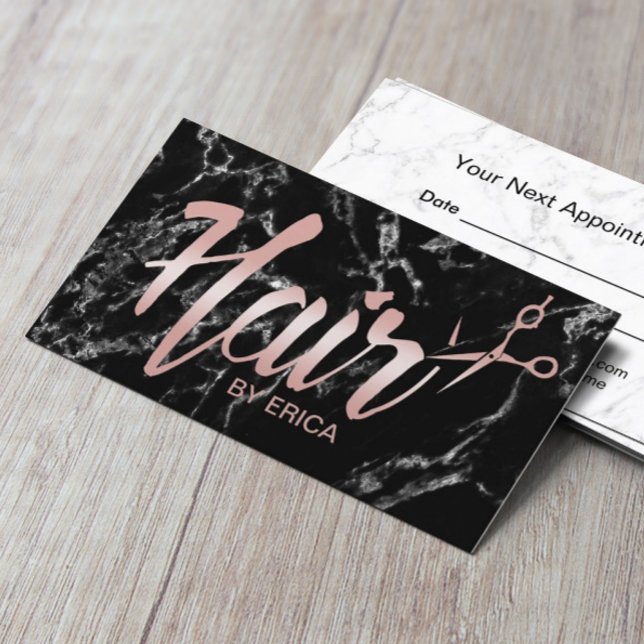 Hair Stylist Ernennung Classy Script Dunkle Marmor Terminkarte (Von Creator hochgeladen)