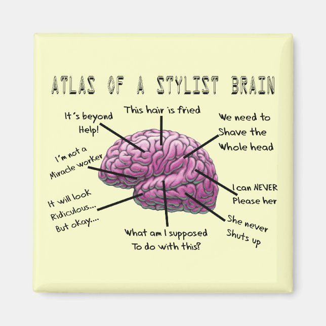 Hair Stylist Gifts "Atlas of a Stylist Brain" Magnet (Vorne)