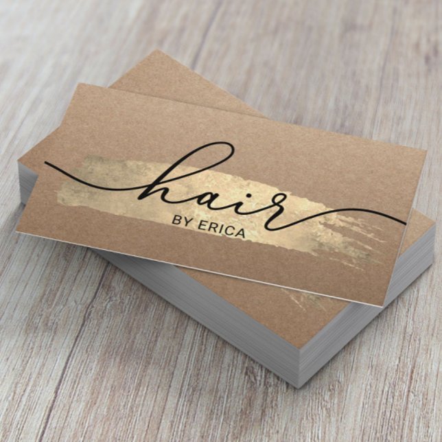 Hair Stylist Gold Brush Stroke Salon Rustic Kraft Visitenkarte (Von Creator hochgeladen)
