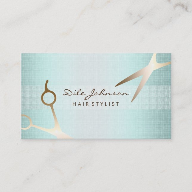 Hair Stylist Gold Glitzer Saloon Linen Sea Blue Visitenkarte (Vorderseite)