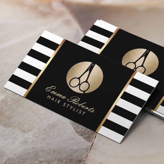 Hair Stylist Gold Schere Logo Moderne Streifen Visitenkarte (Von Creator hochgeladen)