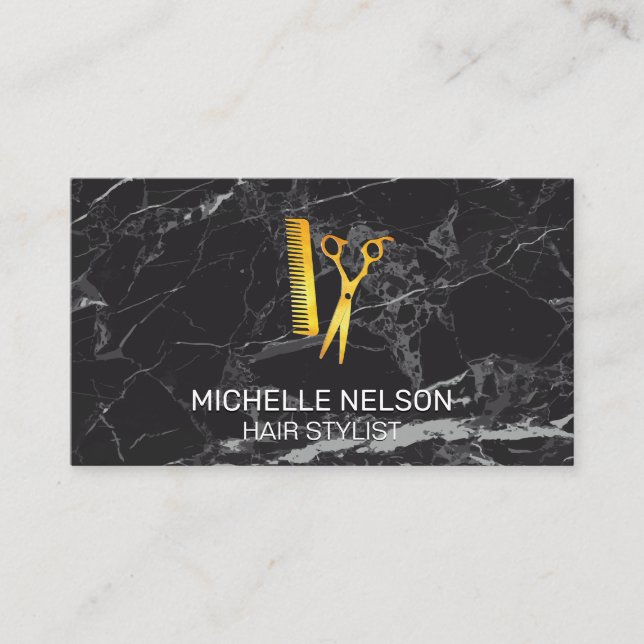 Hair Stylist | Golden Shears Comb | Schwarzer Marm Visitenkarte (Vorderseite)
