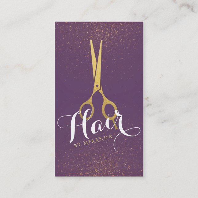 Hair Stylist Goldscheren Lila und Gold Glitzer Terminkarte (Vorderseite)