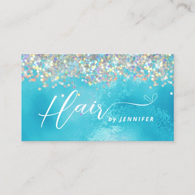 Hair Stylist Holographic Glitzer Turquoise Beauty Visitenkarte (Vorderseite)