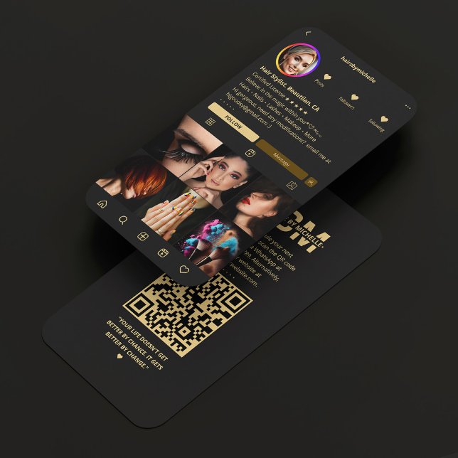 Hair Stylist Instagram Black Modern Visitenkarte (Hair Stylist Instagram Black Gold Modern Business Card
)