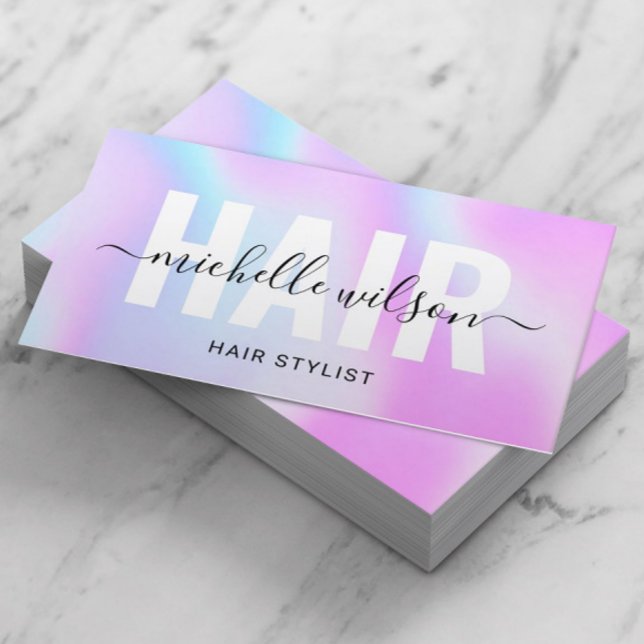 Hair Stylist Lila Holographic Typografy Salon Visitenkarte (Von Creator hochgeladen)