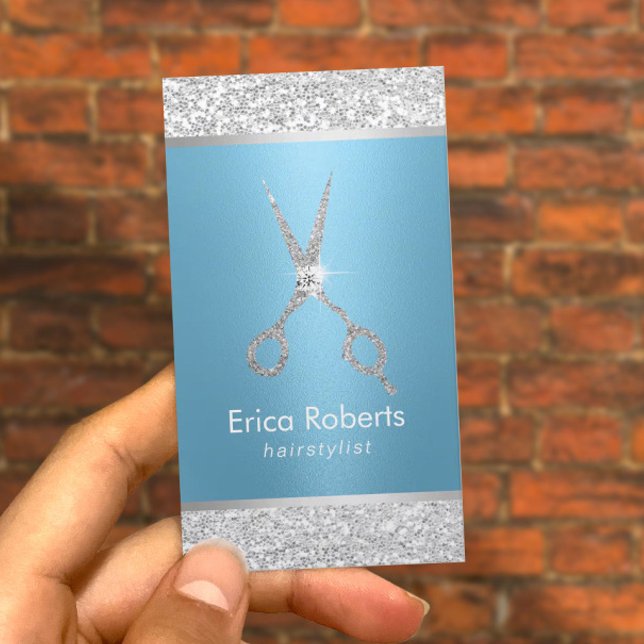 Hair Stylist Luxury Blue & Silver Sequins Salon Terminkarte (Von Creator hochgeladen)