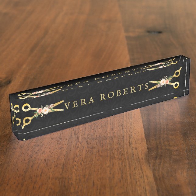 Hair Stylist Luxury Gold Black Damask Namensplakette (Seite)