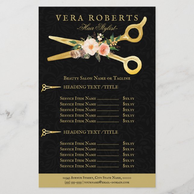 Hair Stylist Luxury Gold Scheren schwarz Damask Flyer (Vorne)