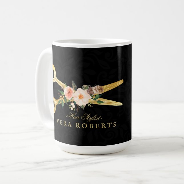 Hair Stylist Luxury Gold Scheren schwarz Damask Kaffeetasse (Vorderseite Links)