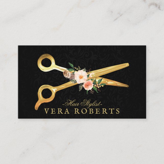 Hair Stylist Luxury Gold Scheren schwarz Damask Visitenkarte (Vorderseite)