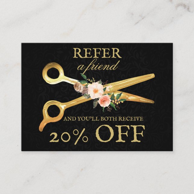Hair Stylist Luxury Gold Scissors Damask Empfehlungskarte (Vorderseite)
