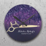 Hair Stylist Magic Lila Glitzer Tropfen Salon Runde Wanduhr<br><div class="desc">Hair Stylist Magic Lila Glitzer Tropfen Beauty Salon Uhren.</div>